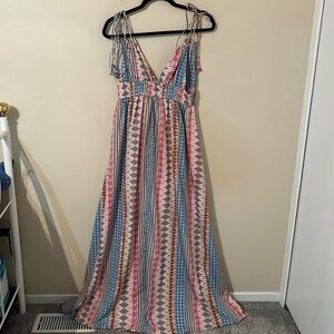Lulu's Maxin' Relaxin' Blue Multi Print Sleeveless Tie-Strap Maxi Dress